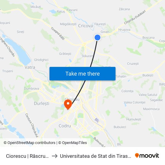 Ciorescu | Răscruce to Universitatea de Stat din Tiraspol map