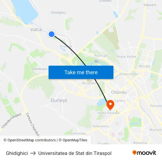 Ghidighici to Universitatea de Stat din Tiraspol map
