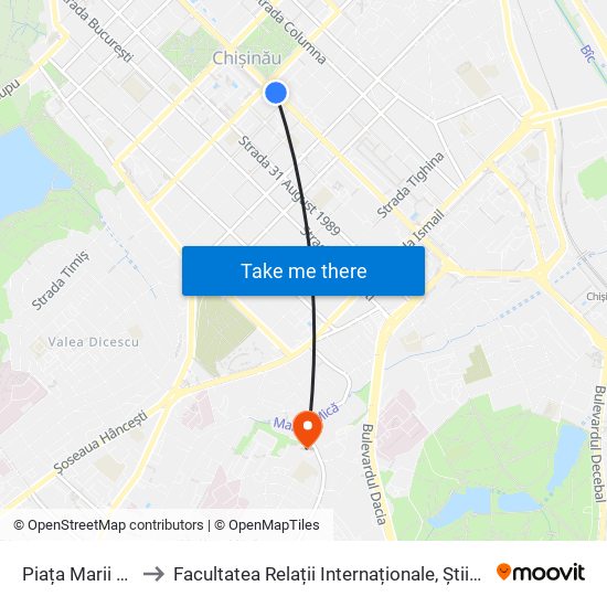 Piața Marii Adunări Naționale to Facultatea Relații Internaționale, Științe Politice și Administrative (FRIȘPA) a USM map