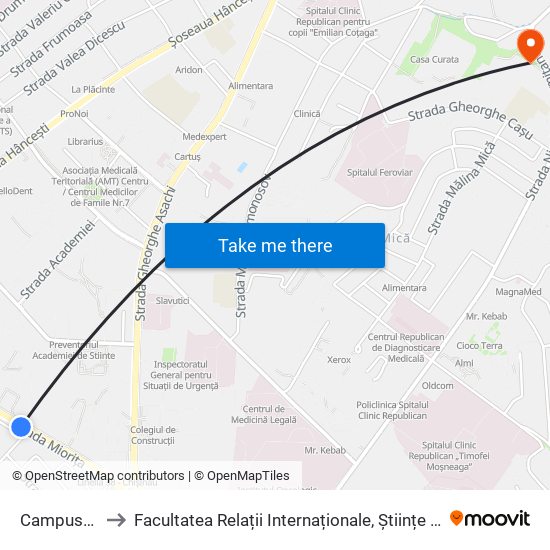 Campusul Academic to Facultatea Relații Internaționale, Științe Politice și Administrative (FRIȘPA) a USM map