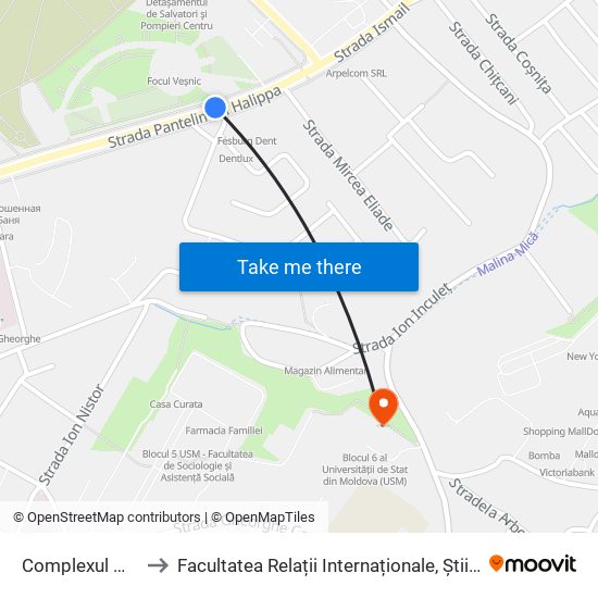 Complexul Memorial Eternitate to Facultatea Relații Internaționale, Științe Politice și Administrative (FRIȘPA) a USM map