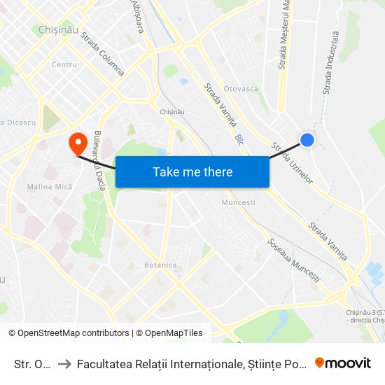 Str. Otovasca to Facultatea Relații Internaționale, Științe Politice și Administrative (FRIȘPA) a USM map