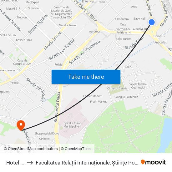 Hotel Cosmos to Facultatea Relații Internaționale, Științe Politice și Administrative (FRIȘPA) a USM map