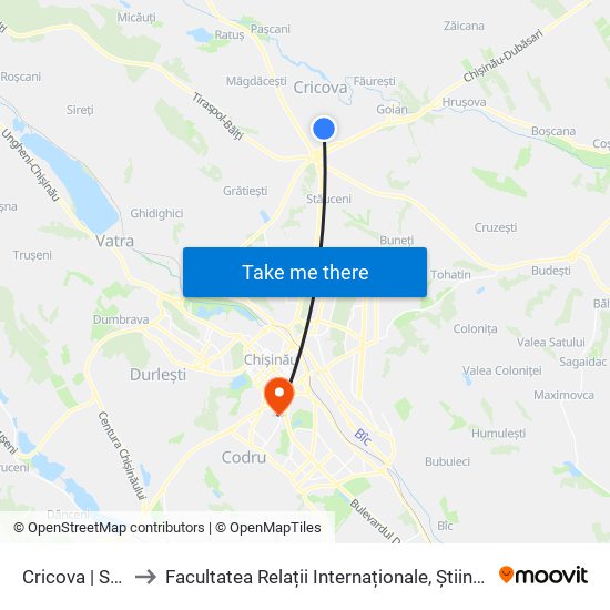 Cricova | Str. Aron Pumnul to Facultatea Relații Internaționale, Științe Politice și Administrative (FRIȘPA) a USM map