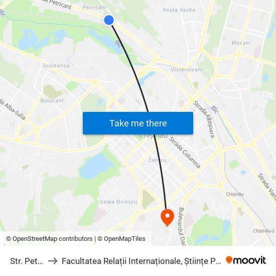 Str. Petricani 198 to Facultatea Relații Internaționale, Științe Politice și Administrative (FRIȘPA) a USM map