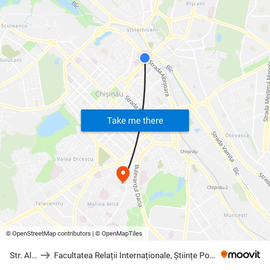 Str. Albișoara to Facultatea Relații Internaționale, Științe Politice și Administrative (FRIȘPA) a USM map