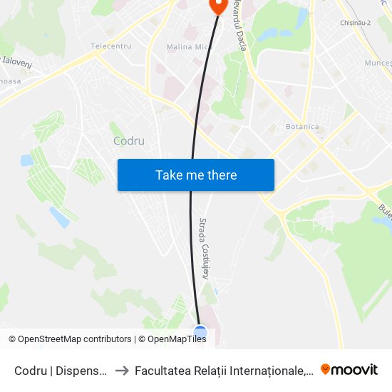 Codru | Dispensarul Dermato - Venerologic to Facultatea Relații Internaționale, Științe Politice și Administrative (FRIȘPA) a USM map