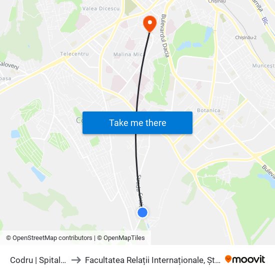 Codru | Spitalul Clinic De Psihiatrie to Facultatea Relații Internaționale, Științe Politice și Administrative (FRIȘPA) a USM map