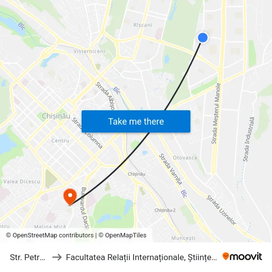 Str. Petru Zadnipru 3 to Facultatea Relații Internaționale, Științe Politice și Administrative (FRIȘPA) a USM map