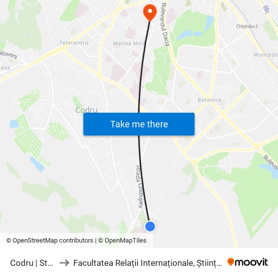 Codru | Str. Valea Apelor to Facultatea Relații Internaționale, Științe Politice și Administrative (FRIȘPA) a USM map