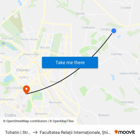 Tohatin | Str. Mihai Eminescu to Facultatea Relații Internaționale, Științe Politice și Administrative (FRIȘPA) a USM map