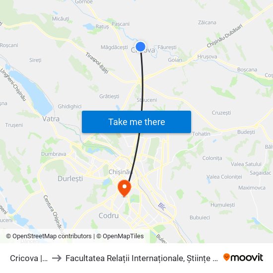 Cricova | Facultativă to Facultatea Relații Internaționale, Științe Politice și Administrative (FRIȘPA) a USM map