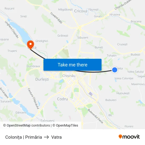Colonița | Primăria to Vatra map