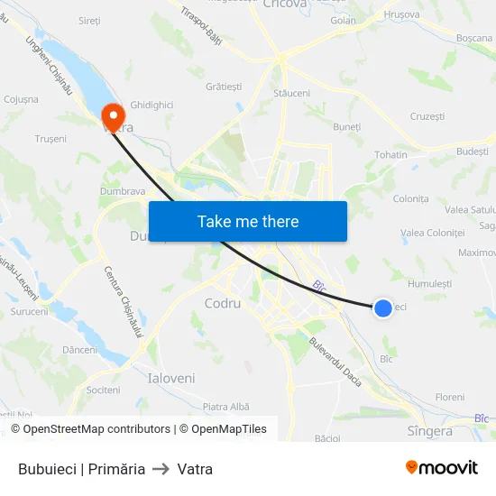 Bubuieci | Primăria to Vatra map