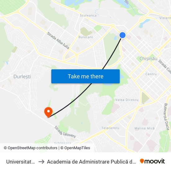 Universitatea De Medicină to Academia de Administrare Publică de pe lângă Președintele Republicii Moldova map