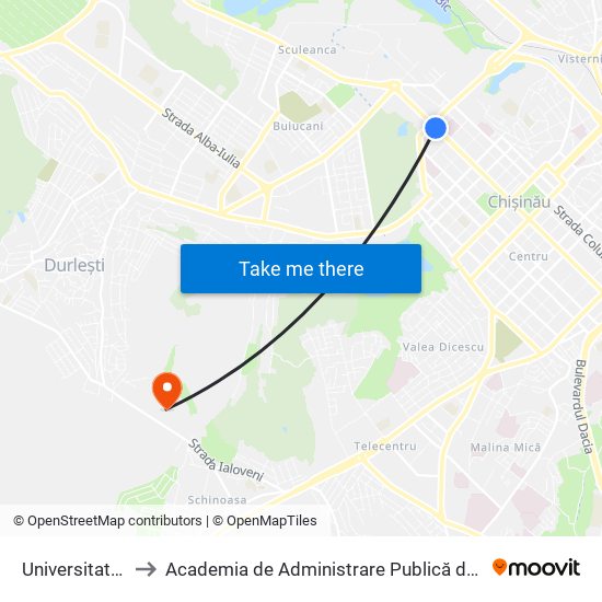 Universitatea De Medicină to Academia de Administrare Publică de pe lângă Președintele Republicii Moldova map