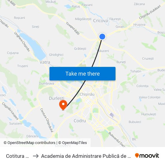 Cotitura Spre Cricova to Academia de Administrare Publică de pe lângă Președintele Republicii Moldova map