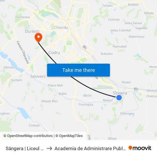 Sângera | Liceul Teoretic Alexandru Cel Bun to Academia de Administrare Publică de pe lângă Președintele Republicii Moldova map