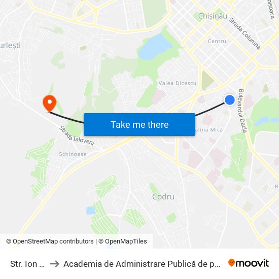 Str. Ion Inculeț 85 to Academia de Administrare Publică de pe lângă Președintele Republicii Moldova map