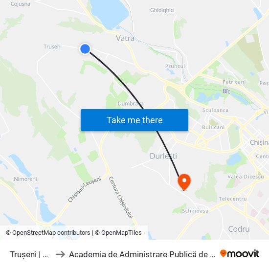 Trușeni | Str. Ghidighici to Academia de Administrare Publică de pe lângă Președintele Republicii Moldova map