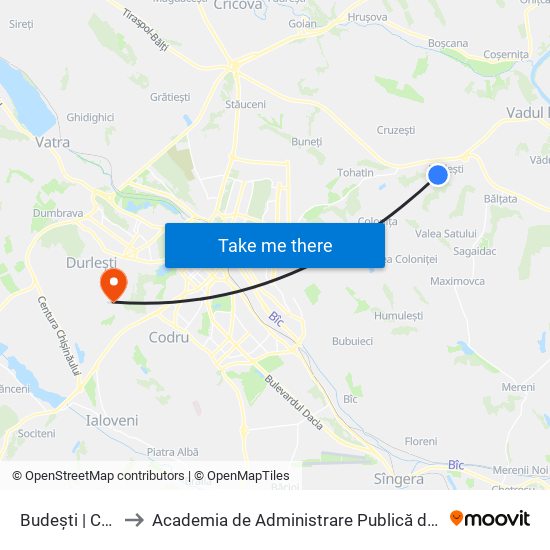 Budești | Cafenea La Foma to Academia de Administrare Publică de pe lângă Președintele Republicii Moldova map