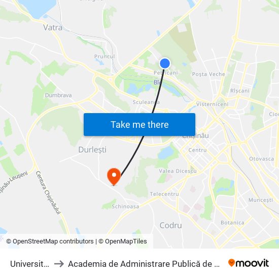 Universitatea Agrară to Academia de Administrare Publică de pe lângă Președintele Republicii Moldova map