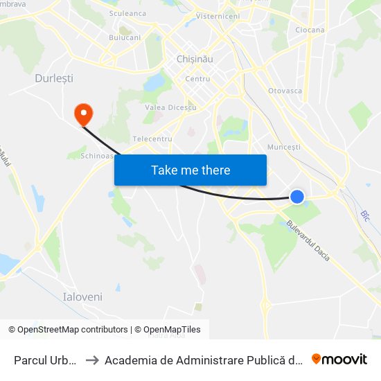 Parcul Urban De Autobuze to Academia de Administrare Publică de pe lângă Președintele Republicii Moldova map