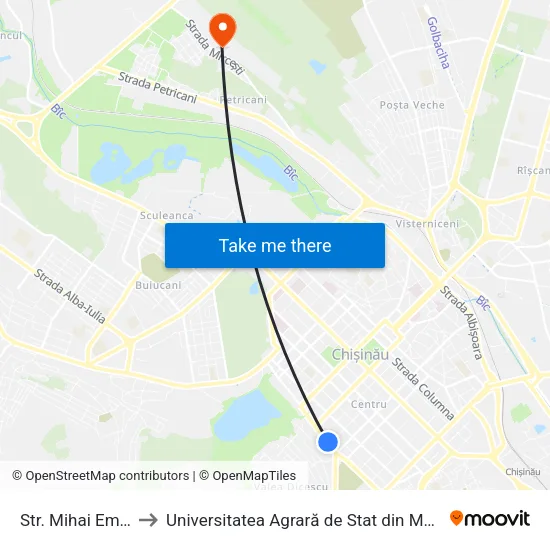 Str. Mihai Eminescu to Universitatea Agrară de Stat din Moldova (UASM) map