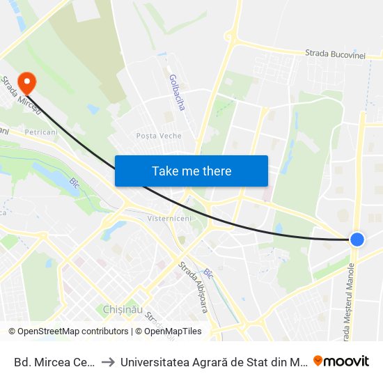 Bd. Mircea Cel Bătrân to Universitatea Agrară de Stat din Moldova (UASM) map