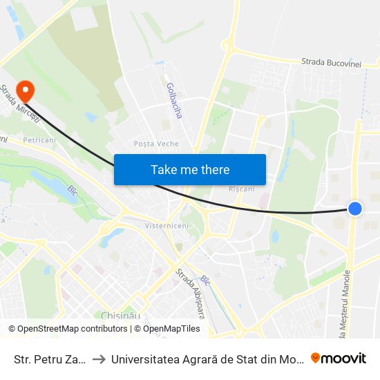 Str. Petru Zadnipru to Universitatea Agrară de Stat din Moldova (UASM) map