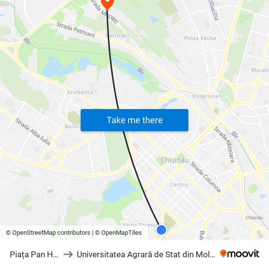 Piața Pan Halippa to Universitatea Agrară de Stat din Moldova (UASM) map