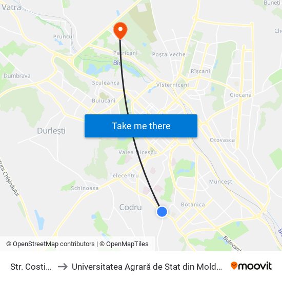 Str. Costiujeni to Universitatea Agrară de Stat din Moldova (UASM) map