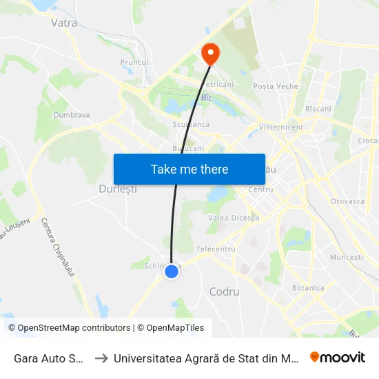 Gara Auto Sud-Vest to Universitatea Agrară de Stat din Moldova (UASM) map