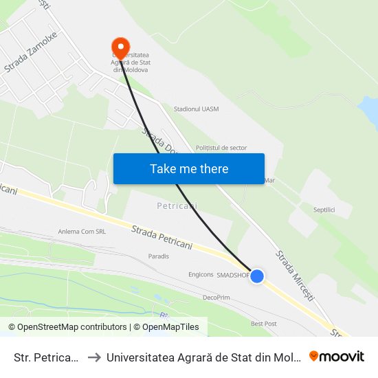 Str. Petricani 198 to Universitatea Agrară de Stat din Moldova (UASM) map