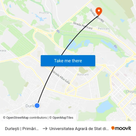 Durlești | Primăria Or. Durlești to Universitatea Agrară de Stat din Moldova (UASM) map