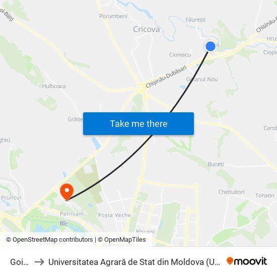 Goian to Universitatea Agrară de Stat din Moldova (UASM) map