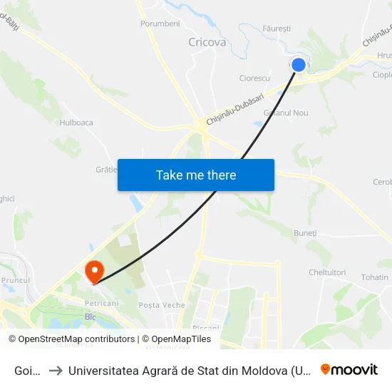 Goian to Universitatea Agrară de Stat din Moldova (UASM) map
