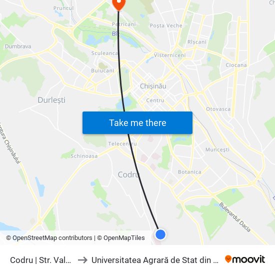 Codru | Str. Valea Apelor to Universitatea Agrară de Stat din Moldova (UASM) map