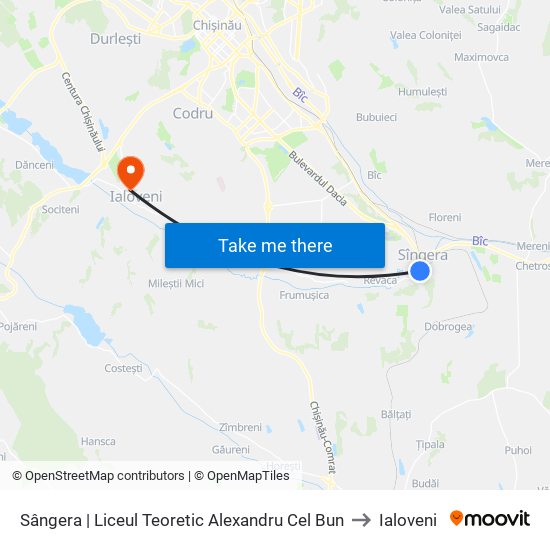 Sângera | Liceul Teoretic Alexandru Cel Bun to Ialoveni map
