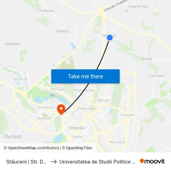 Stăuceni | Str. Dumitru Matcovschi to Universitatea de Studii Politice și Economice Europene (USPEE) map