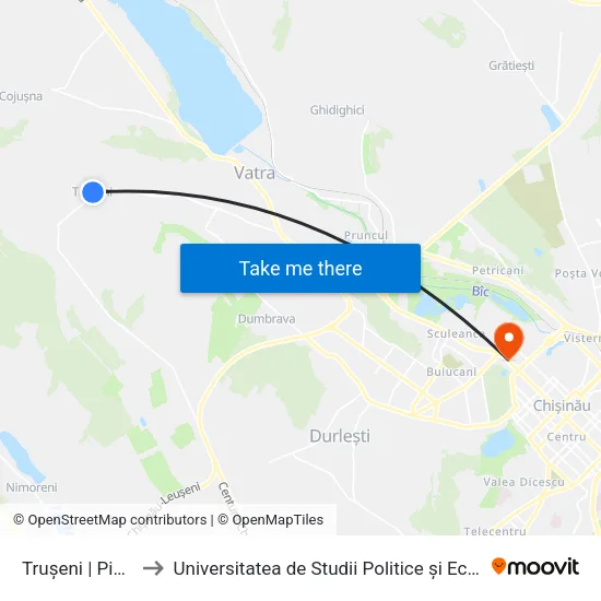 Trușeni | Piața Agricolă to Universitatea de Studii Politice și Economice Europene (USPEE) map