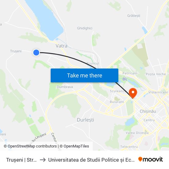 Trușeni | Str. Ghidighici to Universitatea de Studii Politice și Economice Europene (USPEE) map