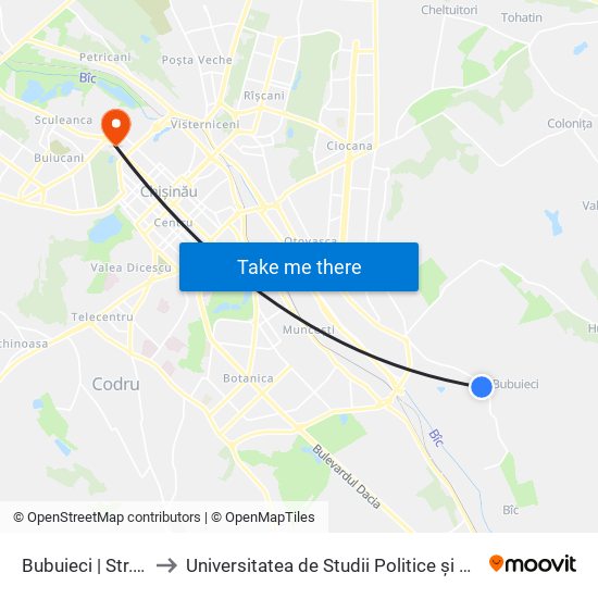 Bubuieci | Str. Grigore Vieru to Universitatea de Studii Politice și Economice Europene (USPEE) map