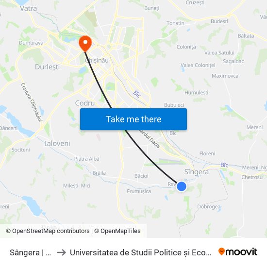 Sângera | Terminus to Universitatea de Studii Politice și Economice Europene (USPEE) map