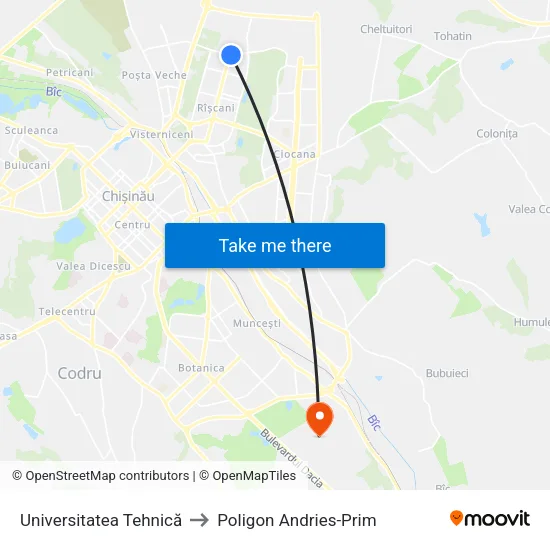 Universitatea Tehnică to Poligon Andries-Prim map