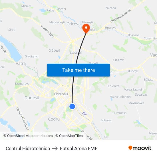 Centrul Hidrotehnica to Futsal Arena FMF map