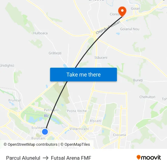 Parcul Alunelul to Futsal Arena FMF map