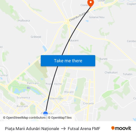 Piața Marii Adunări Naționale to Futsal Arena FMF map