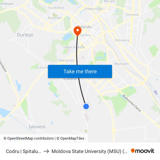 Codru | Spitalul Clinic De Psihiatrie to Moldova State University (MSU) (Universitatea de Stat din Moldova (USM)) map