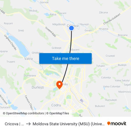 Cricova | Str. Miorița to Moldova State University (MSU) (Universitatea de Stat din Moldova (USM)) map